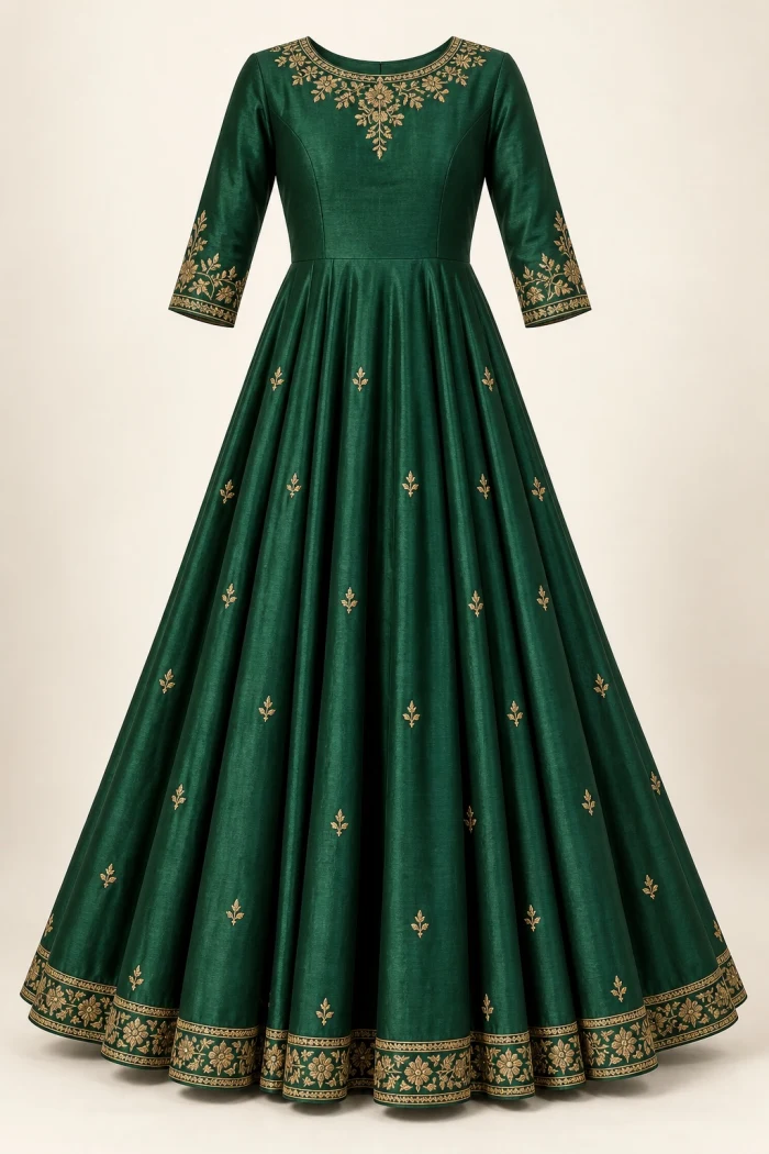 AI-generated outfit input: a long emerald Anarkali dress with gold floral embroidery