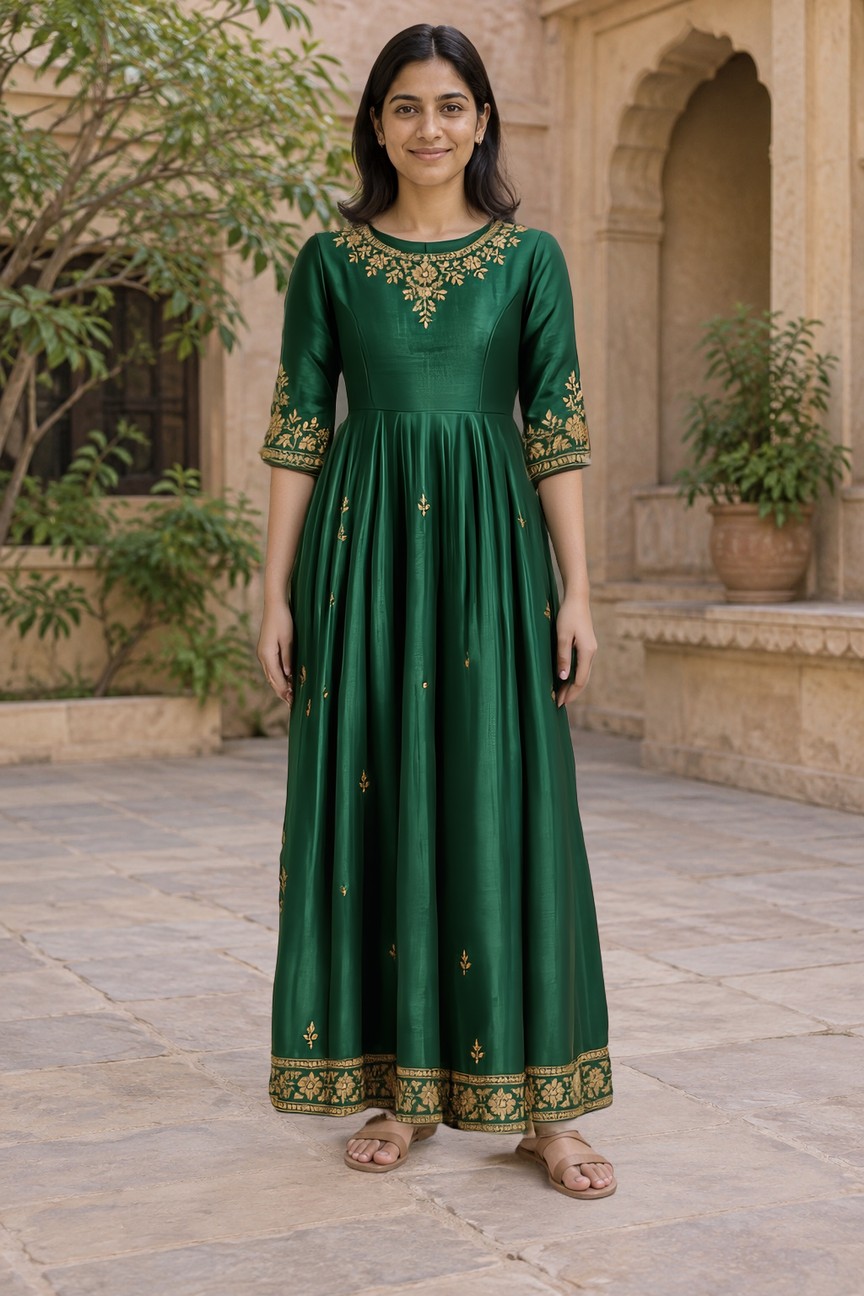 Actual FASHN try-on result: a fictional adult Indian woman wearing the emerald Anarkali sample