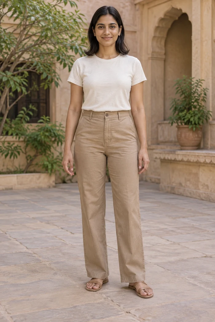 AI-generated input: an adult Indian woman in tan trousers and an ivory top in a sandstone courtyard
