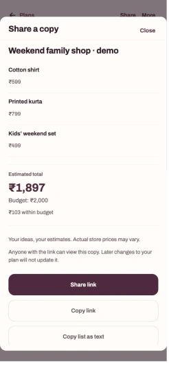 Share a copy sheet showing items, estimates and link controls