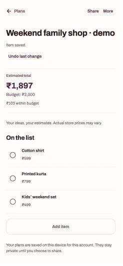 Demo family shopping list totalling 1,897 rupees, within a 2,000 rupee budget