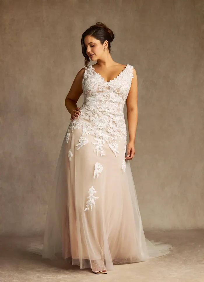 Outfit input: an ivory gown with floral appliqué, shown on a model
