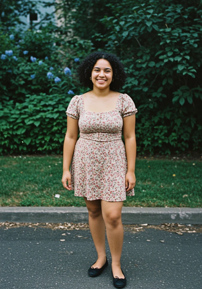 Original input: a woman wearing a short floral dress in front of a hedge